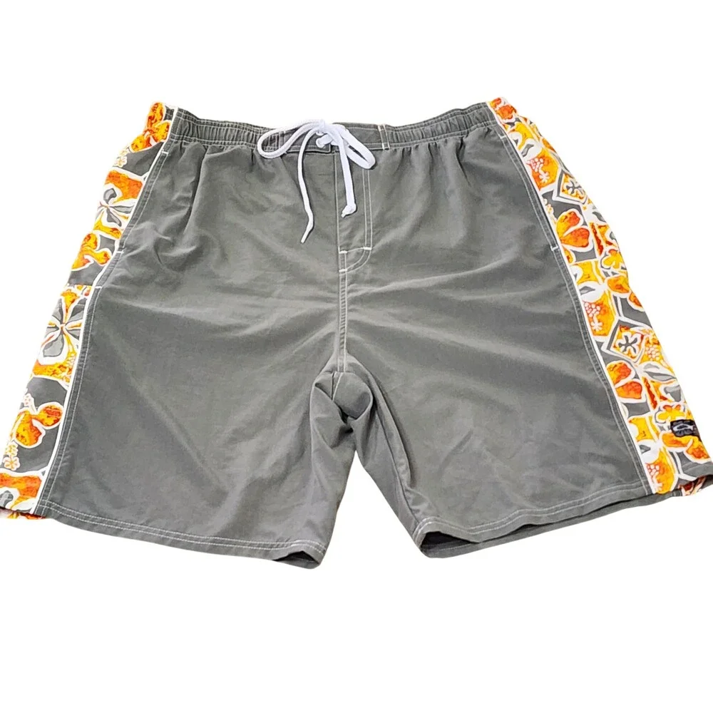 Op Swim Shorts Mens XL Gray Floral Hawaiian Lined Drawstring Pockets Summer